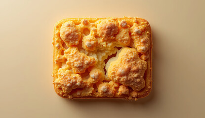 Top down view of a waffle texture food design with scattered fluffy egg whites.