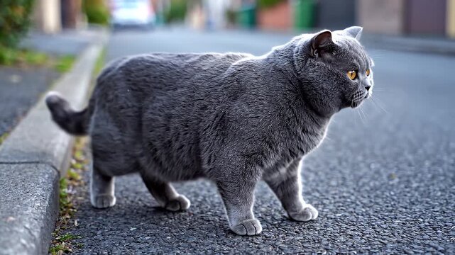Realistic cinematic video of a British Shorthair gray mother cat crossing a small street in slow motion. Thick plush gray fur moves gently with each step, captured in ultra-detailed 4K photorealistic 