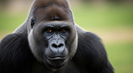 Intense close up portrait of a powerful silverback gorilla with a focused expression against a blurred green background