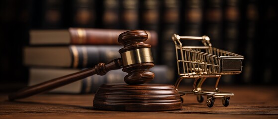 Symbol of law and commerce with gavel and cart.