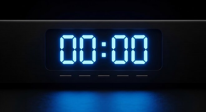 暗闇で鮮やかに青く光るデジタル00時00分 新しい始まりを告げる決定的な瞬間. AI Generated