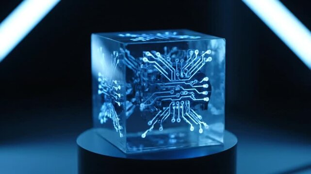 Close-up shot of a transparent glass cube with intricate circuit board design on a round pedestal against a dark background with blue lighting and a futuristic mood.