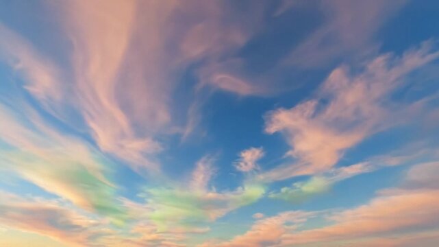 Pastel sunset sky with wispy cirrus clouds, wide open atmosphere for travel and wellness themes, calm uplifting mood for summer evenings and Earth Day
