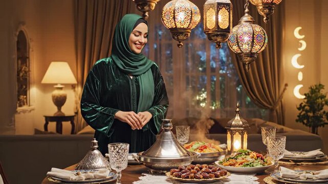 Smiling Muslim Woman in Hijab Presents a Steaming Iftar Feast for a Joyful Ramadan Celebration