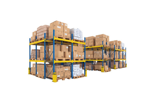 Warehouse racking system filled with cardboard boxes and pallets, logistics and storage solution