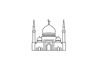 Fototapeta premium Elegant mosque structure with dome and minarets iconic religious building silhouette isolated on white background architectural outline art