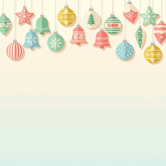 Colorful Christmas ornaments and bells hanging on strings against a cream background, festive holiday decorations.