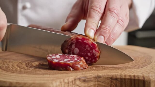 Cut salami log on rustic wooden board in kitchen