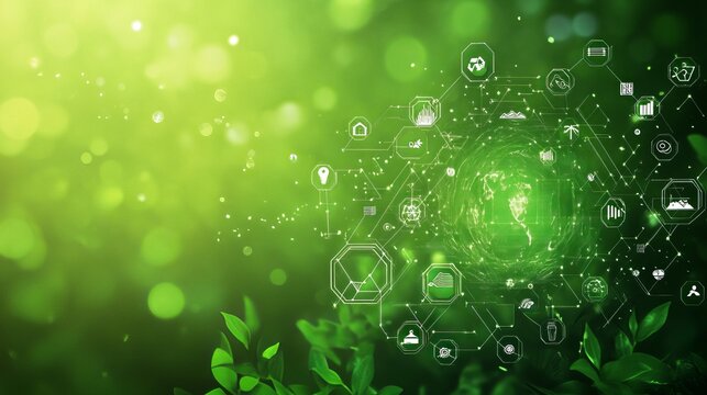 Green business and investment concept illustration with virtual screen and icons on eco-friendly background, space for text or banner design