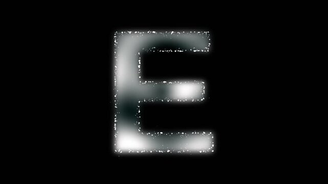 Soft letter E animation, white alphabet letter symbol with white plasma foggy effect and white particles outline