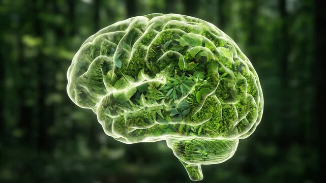 Brain health nutrition green brain shaped foliage and moss illustrating natural cognitive wellness and greenery serene forest nourishment