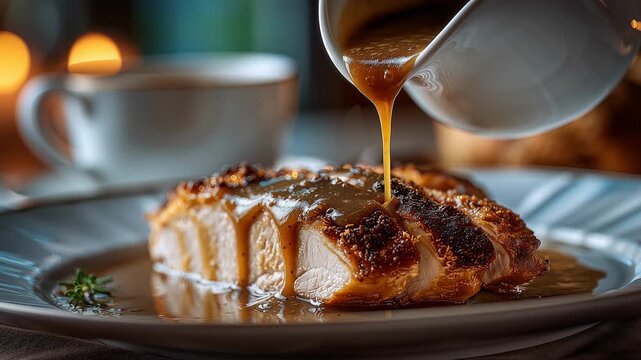 Indulge in the rich blend of flavors as roasted garlic gravy cascades over succulent slices of meat. Each pour creates a symphony of taste, perfect for any dining occasion.