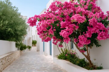 Fototapeta premium Bougainvillea flowers blooming in narrow Greek alley