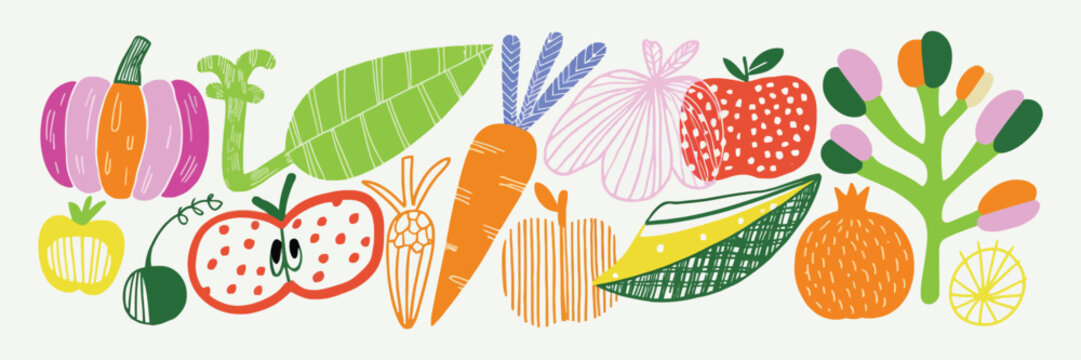 Colorful Vegetable Collage Cutouts in Playful Crayon Style, Irregular Carrots, Pumpkins, Broccoli, and Fruits, Fun Hand-Drawn Doodle Scrapbook Stickers for Kids and Creative Design