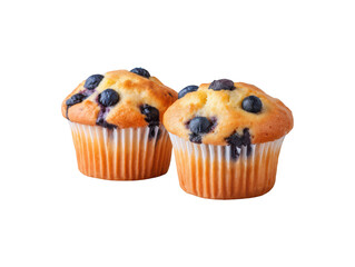 Two delicious homemade blueberry muffins in orange wrappers isolated on a pure white background