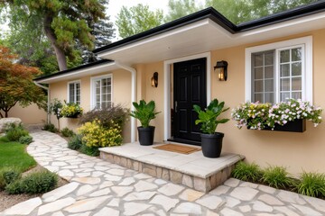 Fototapeta premium Modern house exterior with welcoming front entrance