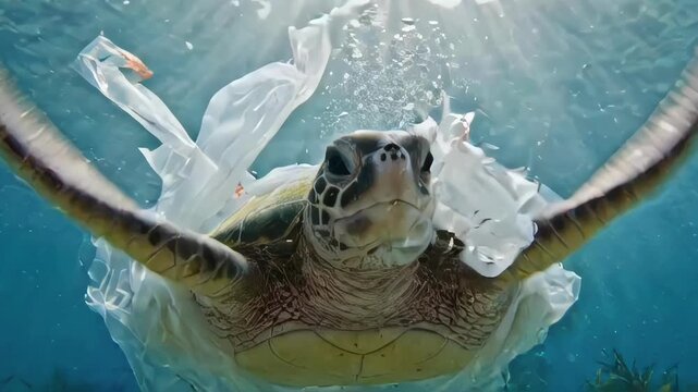 Underwater close-up of a sea turtle swimming toward the camera in clear blue water.