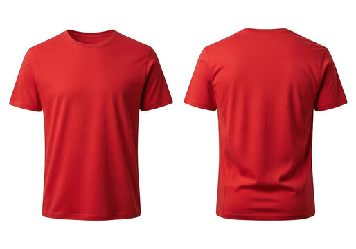 Red t-shirt front and back views, blank short sleeve tee, isolated on transparent background