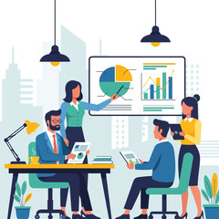 A group of business professionals engaged in a meeting, analyzing data and graphs on a presentation screen in a modern office setting with cityscape background.