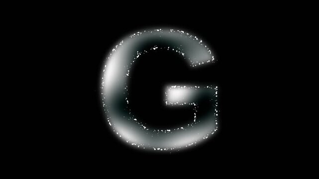Soft letter G animation, white alphabet letter symbol with white plasma foggy effect and white particles outline