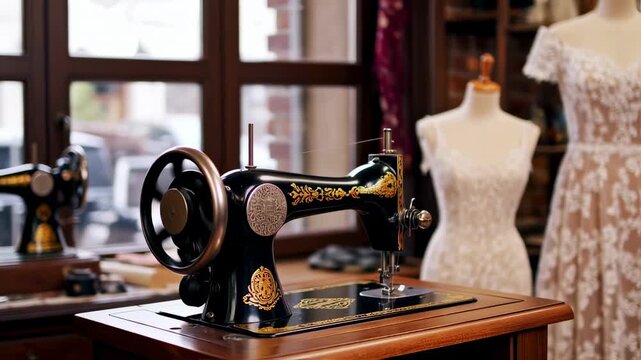 A detailed image of an antique sewing machine with a detailed design, in a dress shop