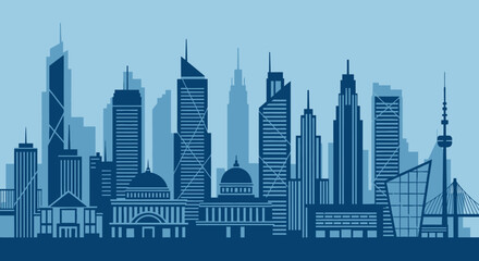 Fototapeta premium Detailed Blue Monochromatic City Skyline Illustration with Urban Buildings