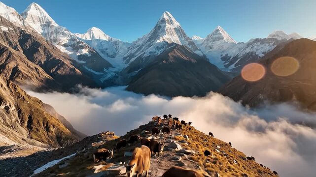 Herd of wild yaks grazing on a rocky mountain ridge above clouds with snowy peaks