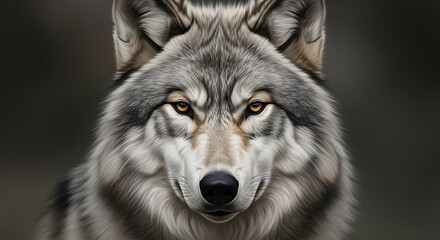 Fototapeta premium Realistic Wolf Close-Up Portrait — Fine Art Painterly Style with Intense Forward Gaze, Premium Stock Image