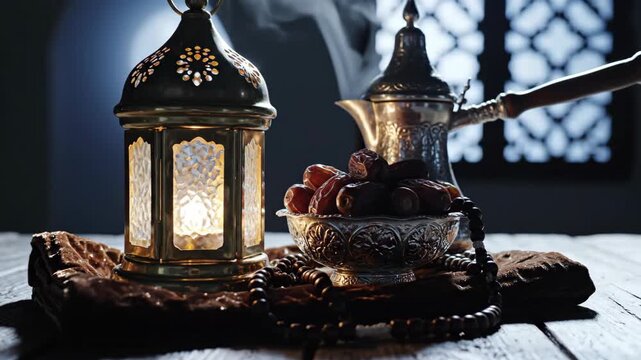 Spiritual Ramadan Evening: A Cinematic Journey Past a Glowing Lantern, Iftar Dates, and Prayer Beads.