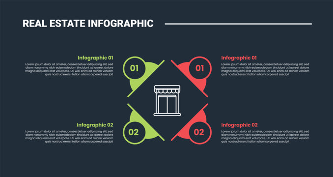 Real estate property infographic process diagram with creative half circle create rhombus empty space with quadrant structure with dark background bright outline style 4 points
