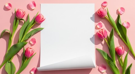 Pink tulips and petals around a blank white notepad on soft pink background