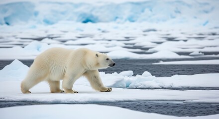 Polar bear walking on arctic ice floes near icy waters