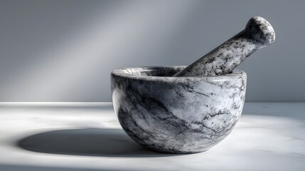 Marble Mortar and Pestle on a Textured Surface with Dramatic Lighting.