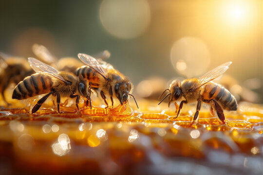 Honey bees gathering golden nectar on a natural honeycomb, working diligently under the warm sunlight, showing dedication and community