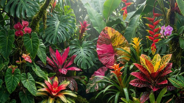 Vibrant tropical jungle with lush exotic flora and colorful bromeliads bathed in natural light