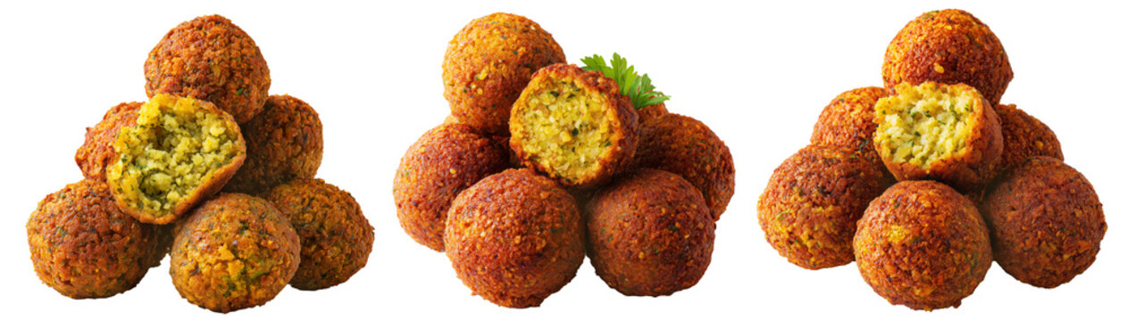 Crispy falafel balls stacked in a pile chickpea fava bean fritte, isolated on white background, concept of traditional food