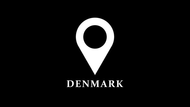 Smooth location pin animation highlighting Denmark, modern map marker motion on black background for navigation and geographic visuals