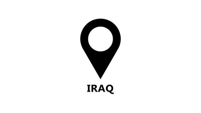 Digital location pin animation highlighting Iraq on white background, clean map pointer motion for navigation and destination indication