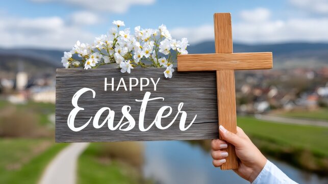 Hand holding happy Easter sign with cross and flowers