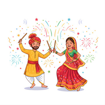 Indian couple dancing dandiya raas with sticks, joyful expressions, vector caricature