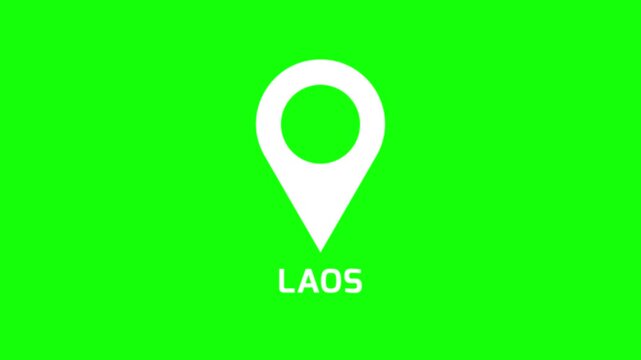 Minimal map marker animation identifying Laos on green background, clean location pin motion for navigation and geographic indication