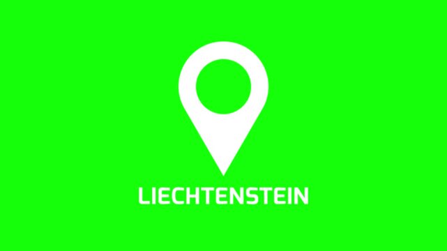 Clean map marker animation marking Liechtenstein on green background, smooth location pin motion for navigation and geographic positioning