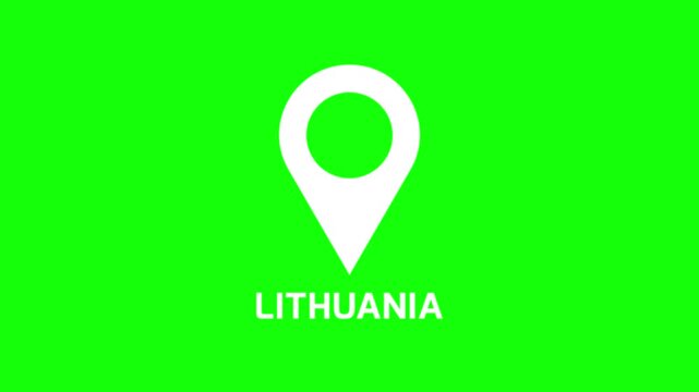 Abstract location pin animation identifying Lithuania on green background, clean map marker motion for navigation and destination visuals