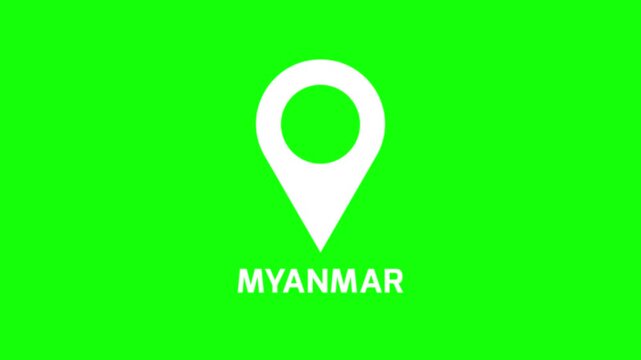 Minimal location pin animation on green background highlighting Myanmar, clean map marker motion for navigation and geographic reference