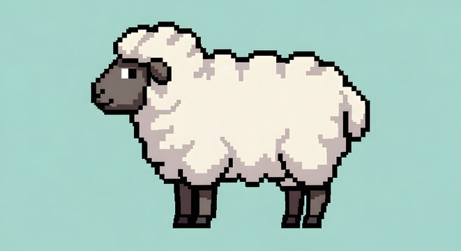 A fluffy white sheep with a black face standing against a light blue background
