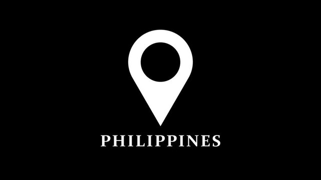 Minimal map marker animation identifying Philippines on dark background, clean location pin motion for navigation and geographic indication