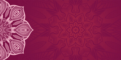 Horizontal color vector mandala banner. Decorative flower mandala on maroon background. Luxury mandala color vector background. Arabic, islamic east style. Vector color illustration.