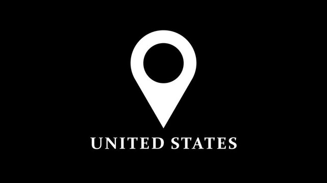 Clean map marker animation marking United States on black background, simple location pin motion for navigation and geographic reference