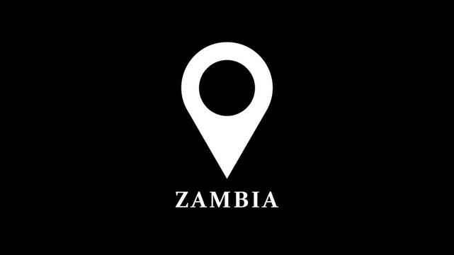 Abstract location pin animation marking Zambia on black background, smooth map marker motion for navigation and geographic reference