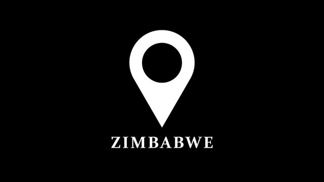 Minimal location pin animation highlighting Zimbabwe on black background, clean map marker motion for navigation and geographic reference